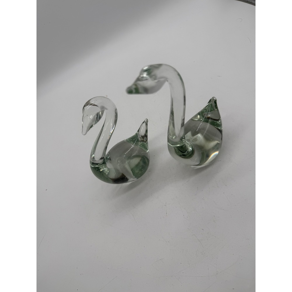 Vintage Hand Blown Glass Swan Figurines Clear Green Smoke Set of 2 Paperweights - Picture 3 of 11